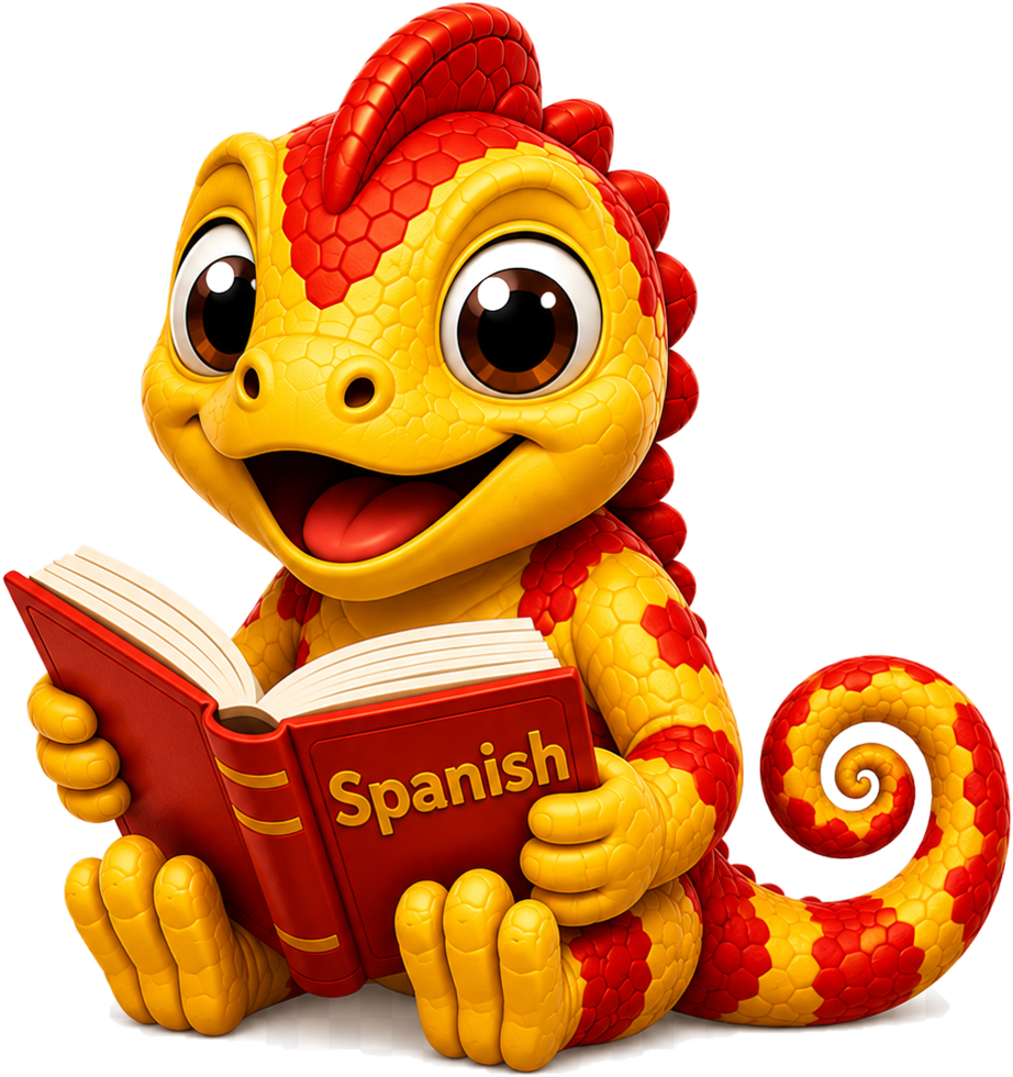 VerbyGo mascot reading a Spanish book